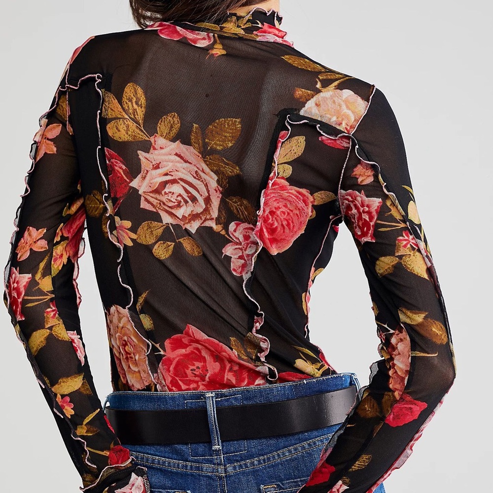 Floral Black Sheer Mock Turtleneck Top - Picture 3 of 7